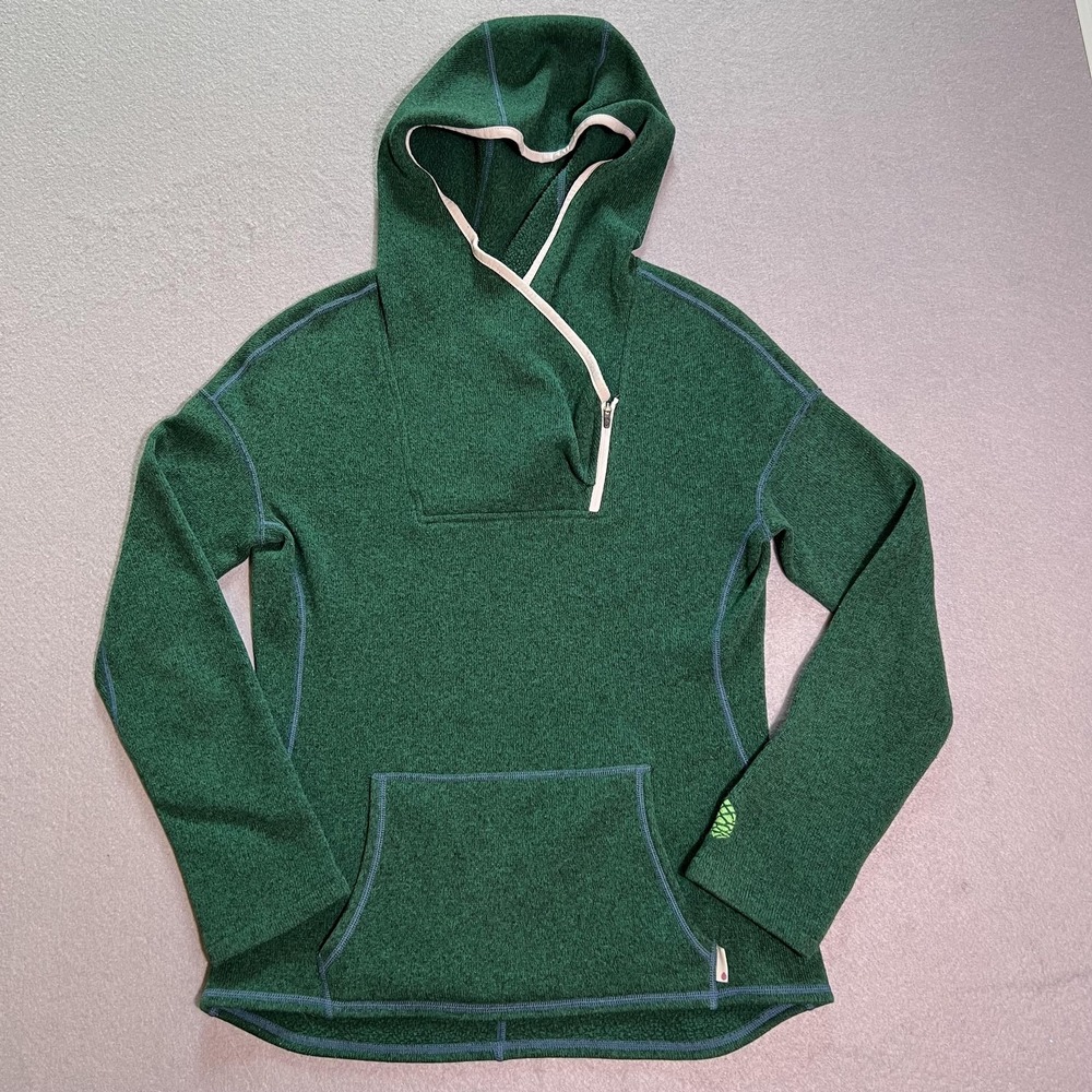 Stio Sweetwater Hoodie Womens Medium Green 1/4 Zip Fleece Thumbholes Hiking